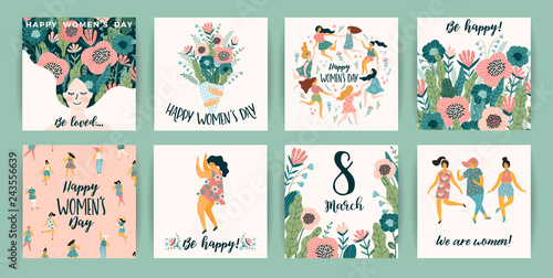 International Women s Day. Vector templates with cute women.