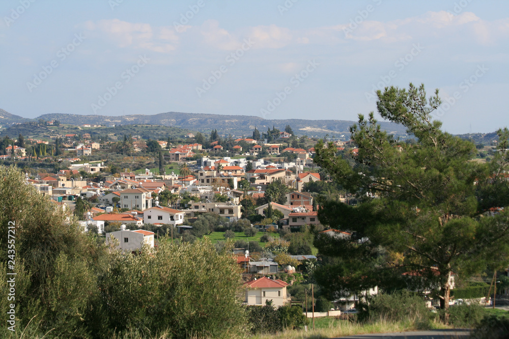 Panoramic view of a mediterranean village Pyrgos, Limassol district, Cyprus at the end of December