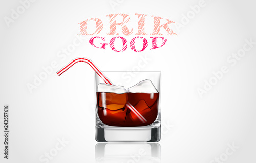 Transparent glass goblet with Alcoholic beverage or Cocktail ice and straw. 3d detailed realistic vector illustration. EPS 10