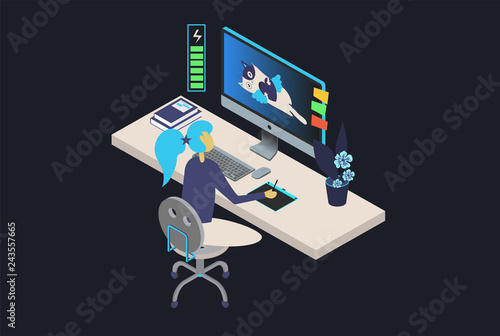 Handsome young girl character full of energy to work. illustrator with tablet and cat en computer,  Vector flat cartoon illustration