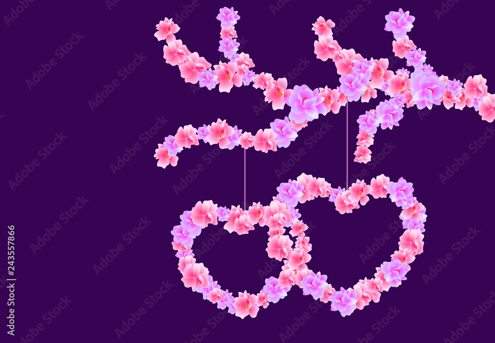 Valentine s Day. Two Heart of pink flowers Sakura, Cherry Blossoms on a branch of flowers. illustration
