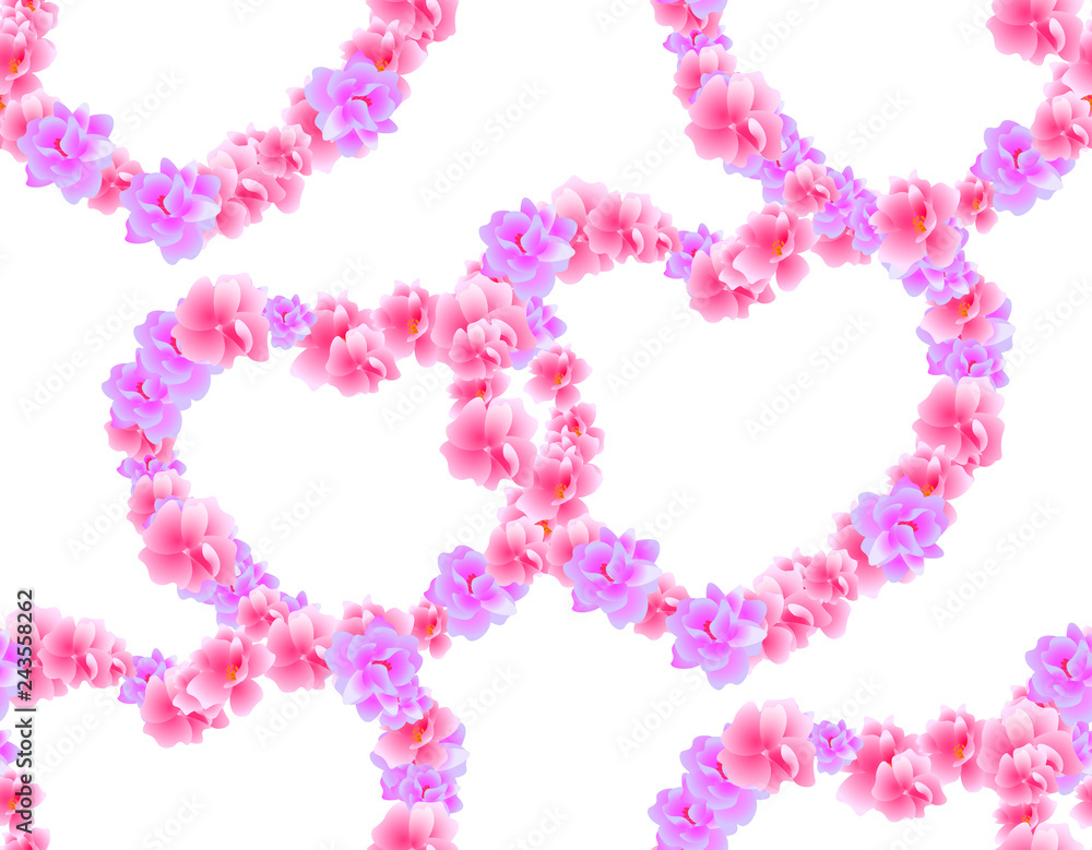 Valentine s Day. Seamless. Hearts from pink and purple sakura flowers, cherry blossom on a white background. illustration