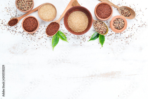 Set of quinoa On a white wooden background. Top view. Free copy space.