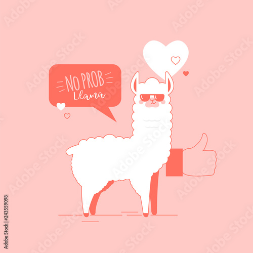 Cute doodle characters llamas stickers in trendy living coral colour happy,smiling,naughty,laughing faces on pink background.Adorable charming lama animals with speech bubble No Prob Llama