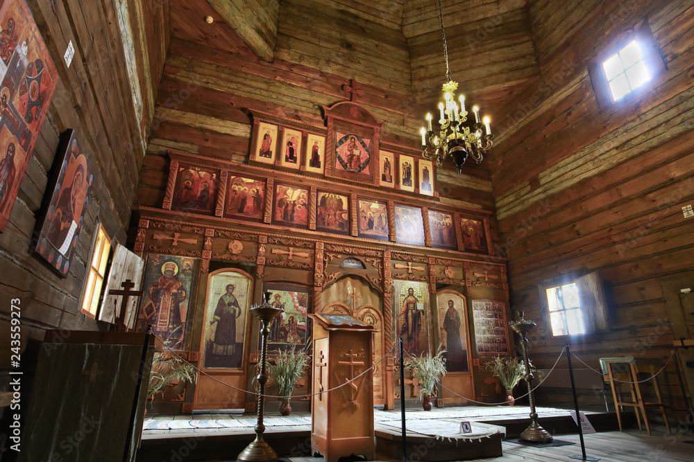 interior of an old wooden Orthodox church.