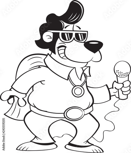 Black and white illustration of a bear dressed as a Rock and Roll singer.