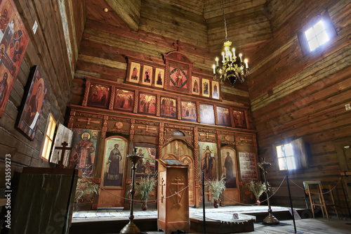 interior of an old wooden Orthodox church.