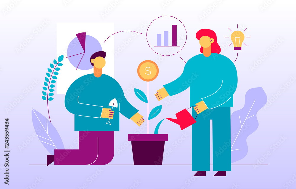 Vector flat style business and finance design concept with big modern people looking after money plant. Trendy investment and stock illustration with graphs, diagrams, light bulb and leaves. Vector flat style business and finance design concept with big modern people looking after money plant. Trendy investment and stock illustration with graphs, diagrams, light bulb and leaves.