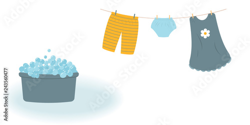 Washing: washed baby clothes cute Capri pants, panties and dress hanging on the clothesline and they are attached by clothespins.Blue wash basin with soap foam.Vector illustration