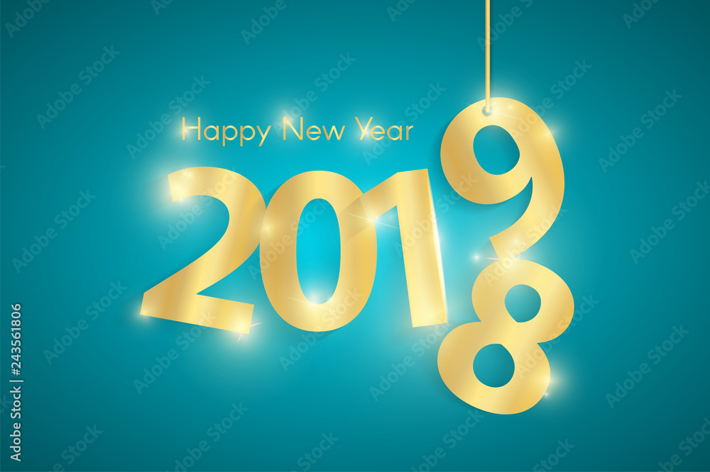 Turquoise Happy New Year 2019 concept with golden shiny paper cuted numbers on ropes. Vector illustration Turquoise Happy New Year 2019 concept with golden shiny paper cuted numbers on ropes. Vector illustration