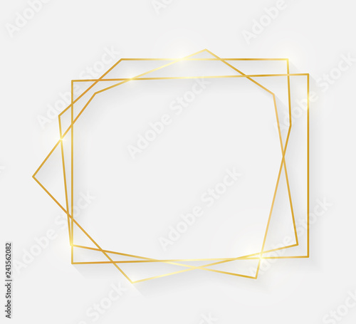 Gold shiny glowing vintage frame with shadows isolated on white background. Decorative golden luxury line border for invitation, card, sale, photo etc. Vector illustration