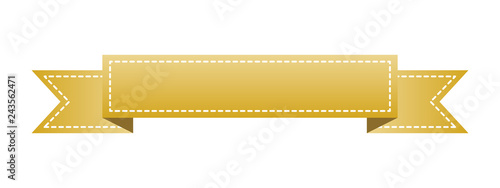 Embroidered gold ribbon isolated on white. Can be used for banner, award, sale, icon, logo, label etc. Vector illustration