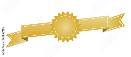 Embroidered gold ribbon isolated on white. Can be used for banner, award, sale, icon, logo, label etc. Vector illustration