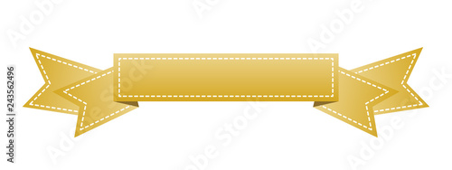 Embroidered gold ribbon isolated on white. Can be used for banner, award, sale, icon, logo, label etc. Vector illustration