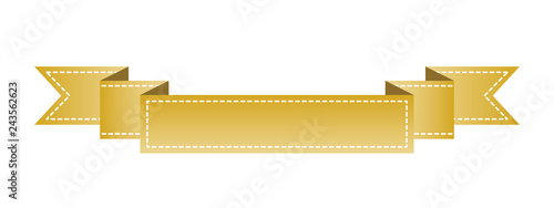Embroidered gold ribbon isolated on white. Can be used for banner, award, sale, icon, logo, label etc. Vector illustration