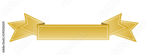 Embroidered gold ribbon isolated on white. Can be used for banner, award, sale, icon, logo, label etc. Vector illustration