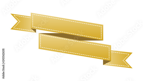 Embroidered gold ribbon isolated on white. Can be used for banner, award, sale, icon, logo, label etc. Vector illustration