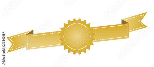 Embroidered gold ribbon isolated on white. Can be used for banner, award, sale, icon, logo, label etc. Vector illustration