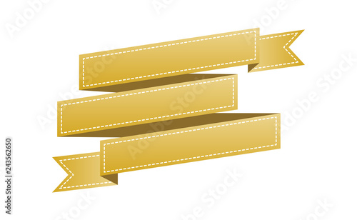 Embroidered gold ribbon isolated on white. Can be used for banner, award, sale, icon, logo, label etc. Vector illustration