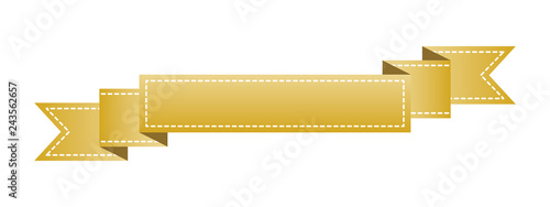 Embroidered gold ribbon isolated on white. Can be used for banner, award, sale, icon, logo, label etc. Vector illustration