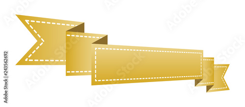 Embroidered gold ribbon isolated on white. Can be used for banner, award, sale, icon, logo, label etc. Vector illustration