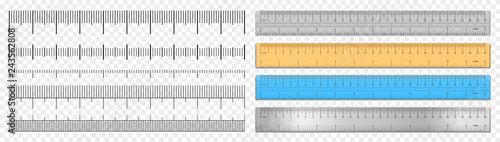 Realistic tape rulers and scale measure set isolated on transparent background. Plastic, metal and wooden double sided measurement in cm and inches. Length measurement scale chart. Vector illustration