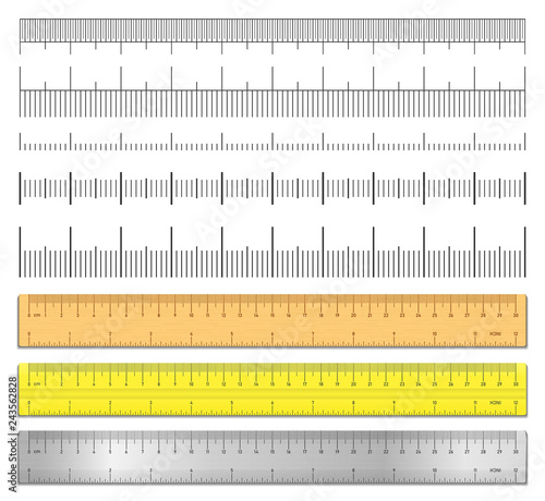 Realistic tape rulers and scale measure set isolated on white background. Plastic, metal and wooden double sided measurement in cm and inches. Length measurement scale chart. Vector illustration