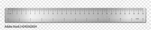 Realistic metal tape ruler isolated on transparent background. Double sided measurement in cm and inches. Vector illustration