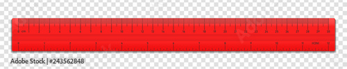 Realistic plastic red tape ruler isolated on transparent background. Double sided measurement in cm and inches. Vector illustration