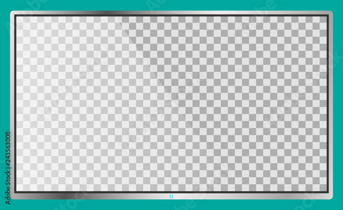 Realistic modern flat 4k TV monitor isolated on cyan background. Empty transparent screen template mockup. Blank copy space on PC screen. Vector illustration