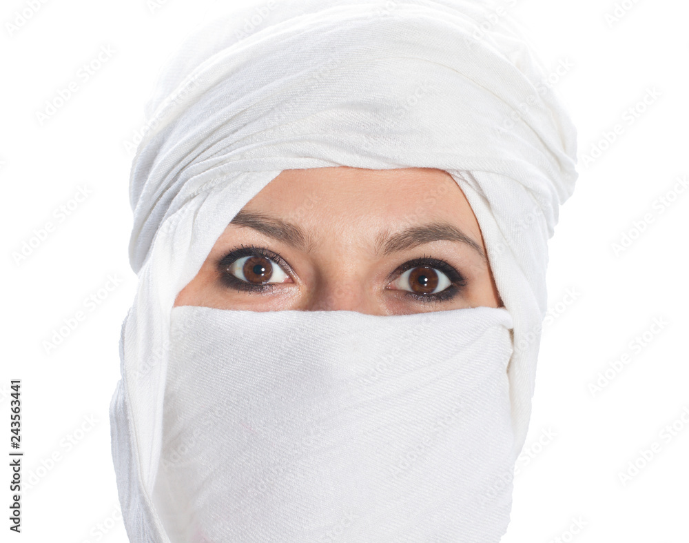 Beautiful caucasian woman's head in white hijab Beautiful caucasian woman's head in white hijab