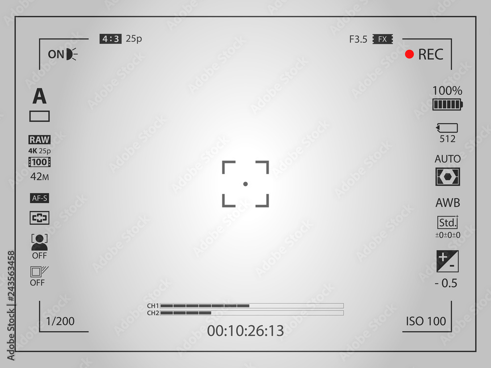 White modern digital camera focusing screen template with vignetting effect. Viewfinder mirrorless, DSLR or cameraphone camera recording. Vector illustration White modern digital camera focusing screen template with vignetting effect. Viewfinder mirrorless, DSLR or cameraphone camera recording. Vector illustration