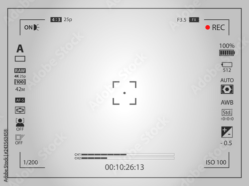 White modern digital camera focusing screen template with vignetting effect. Viewfinder mirrorless, DSLR or cameraphone camera recording. Vector illustration