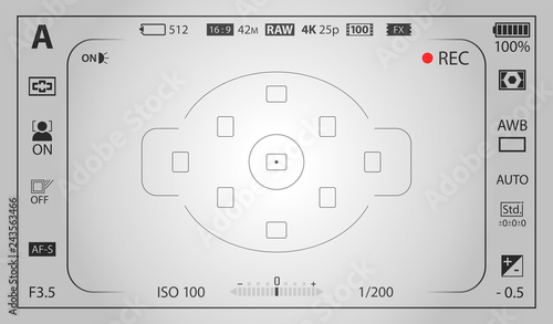 White modern digital camera focusing screen template with vignetting effect. Viewfinder mirrorless, DSLR or cameraphone camera recording. Vector illustration