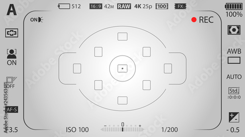 White modern digital camera focusing screen template with vignetting effect. Viewfinder mirrorless, DSLR or cameraphone camera recording. Vector illustration