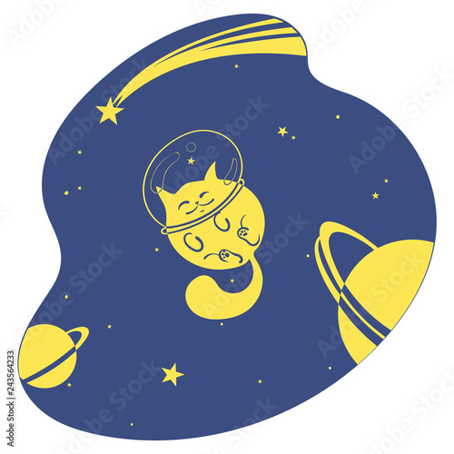 Cute happy cat among the stars and planets in space, Vector