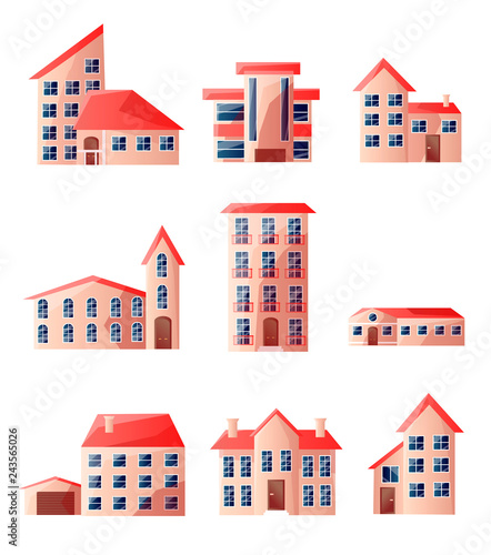 Cute toys in nice colors at home. Beautiful houses with red roofs.