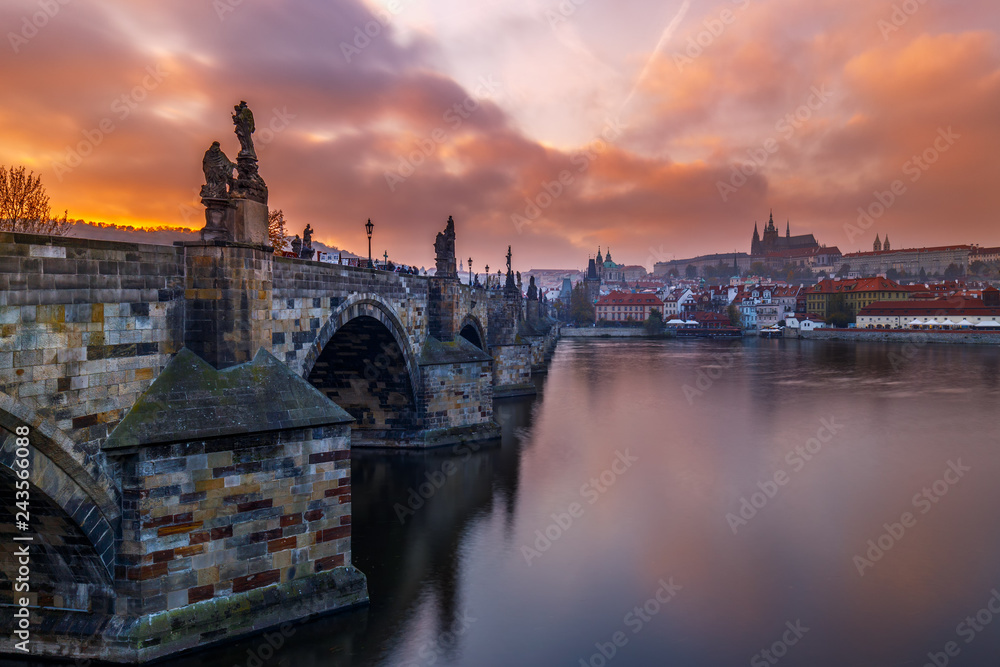 Prague, Sunset over Charles bridge, Czech Republic