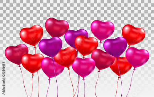 3d realistic heart ballons set. Bunch of glossy red, pink, purple heart balloons on transparent background. Holiday backdrop with flying balloons. International Women Day design. Vector illustration