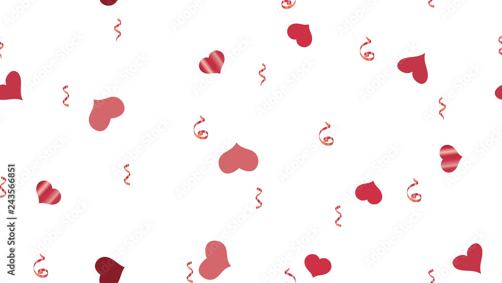 Vector Seamless Pattern on a White Background. Scattered Red confetti. The idea of packaging, textiles, wallpaper, banner, printing. Bright Pattern of Hearts and Serpentine.