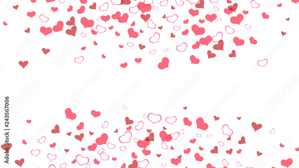 Red on White background Vector. Red hearts of confetti crumbled. A sample of wallpaper design, textiles, packaging, printing, holiday invitation for wedding. Happy background.