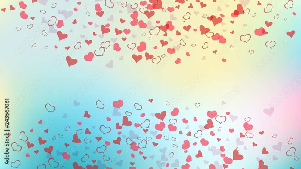 Red on Gradient fond Vector. Spring background. Red hearts of confetti crumbled. Part of the design of wallpaper, textiles, packaging, printing, holiday invitation for birthday. Red on Gradient fond Vector. Spring background. Red hearts of confetti crumbled. Part of the design of wallpaper, textiles, packaging, printing, holiday invitation for birthday.