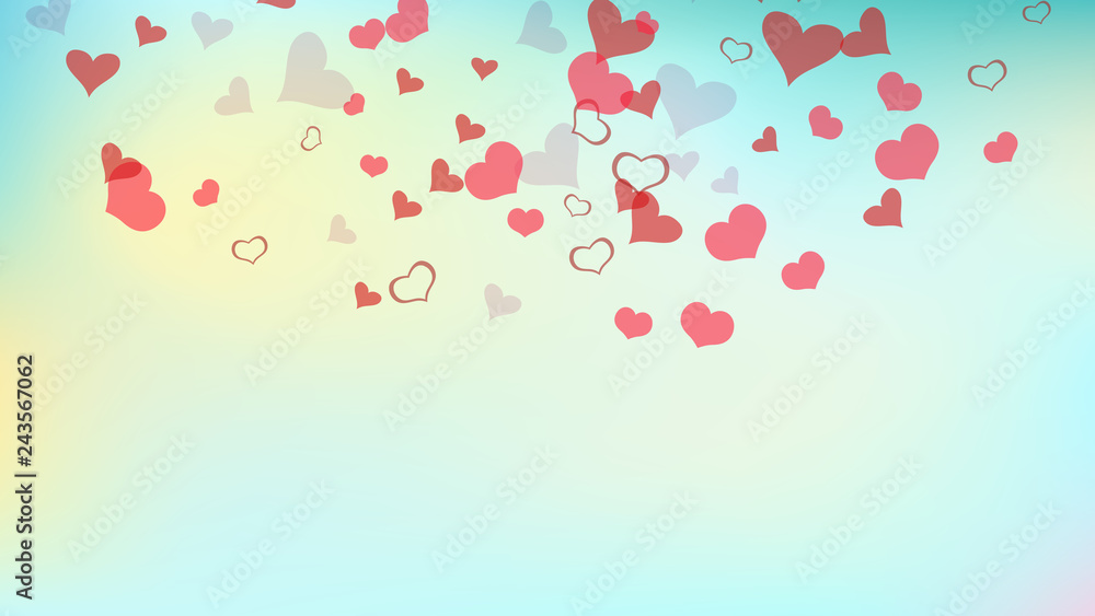 Romantic background. Red hearts of confetti are flying. Red on Gradient fond Vector. The idea of wallpaper design, textiles, packaging, printing, holiday invitation for Valentine's Day.