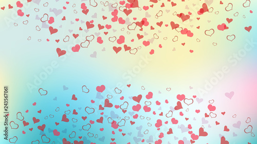 Red on Gradient fond Vector. Spring background. Red hearts of confetti crumbled. Part of the design of wallpaper, textiles, packaging, printing, holiday invitation for birthday.