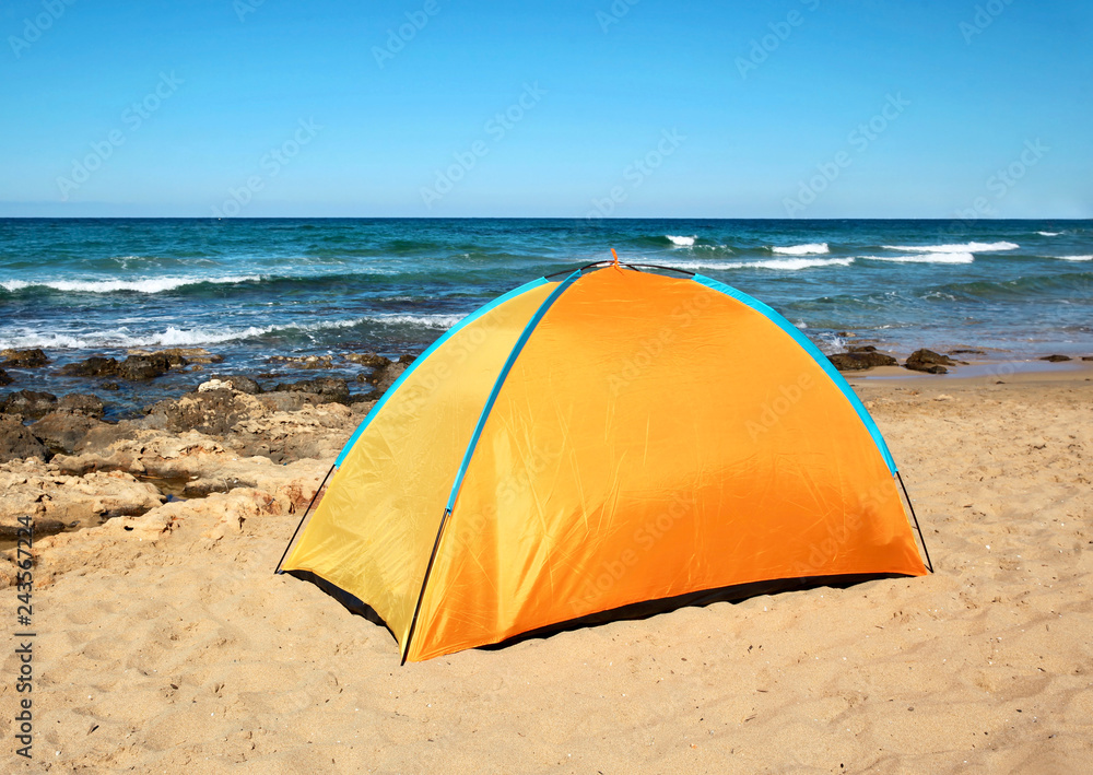 View sea, camping tent on summer beach