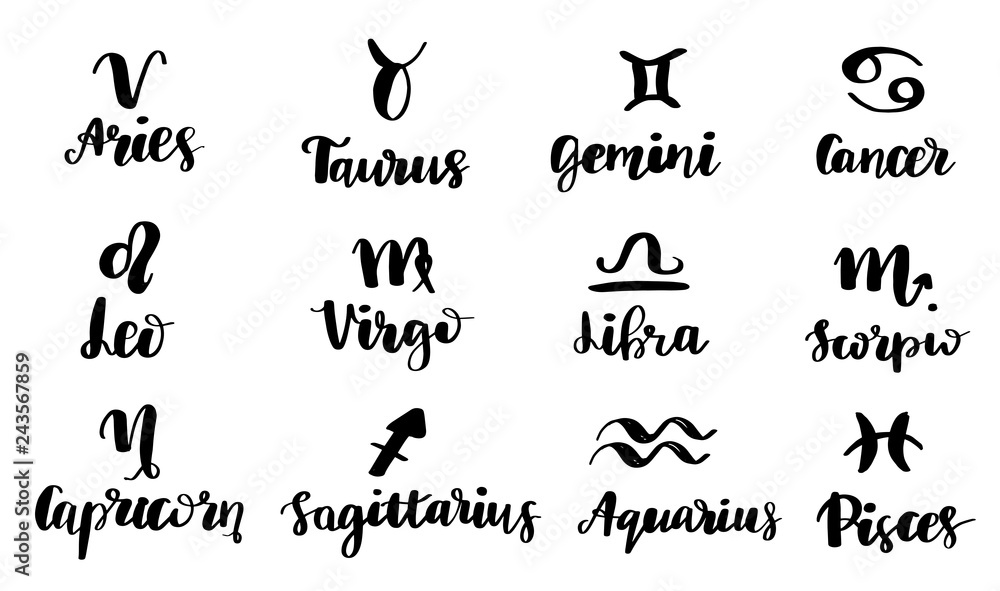 12 Zodiac Signs. Symbol and Logo Lettering. Black Calligraphy on White Background. Vector Hand Drawn Design For Horoscope and Calendar 12 Zodiac Signs. Symbol and Logo Lettering. Black Calligraphy on White Background. Vector Hand Drawn Design For Horoscope and Calendar