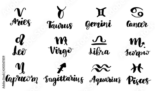 12 Zodiac Signs. Symbol and Logo Lettering. Black Calligraphy on White Background. Vector Hand Drawn Design For Horoscope and Calendar