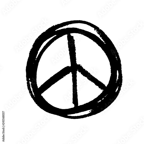 Handdrawn pacifist sign, peace symbol, black brush paint. Hippie grunge icon on a white background. Vector