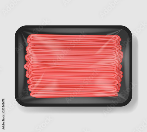 Minced meat in plastic tray container with cellophane cover. Mockup template for your design. Plastic food container. Vector illustration.