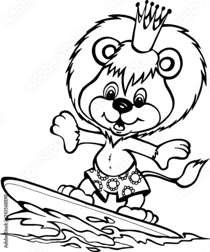 Lew serfujący na falach rysunek dla dla dzieci